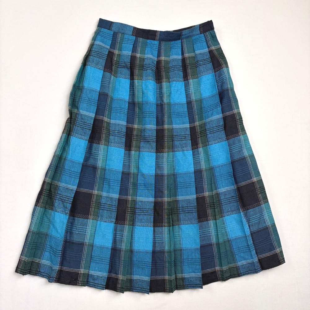Vintage St Michael Blue Green‎ Plaid Pleated Midi Skirt Made in UK Womens 14L